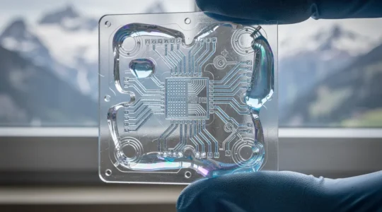 Vue macro d'une puce microfluidique transparente avec canaux miniaturisés éclairés par lumière bleue dans un cabinet médical suisse moderne