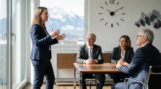 Entrepreneur présentant son projet à des investisseurs dans un bureau moderne à Zurich