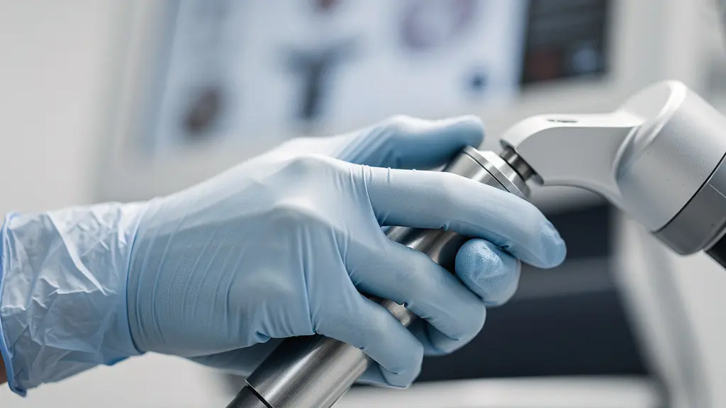 Gros plan sur les mains d'un chirurgien manipulant les manettes de contrôle d'une console de chirurgie robotique avec précision millimétrique