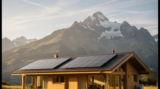 Architecture moderne d'une maison certifiée Minergie avec panneaux solaires intégrés dans le paysage alpin suisse
