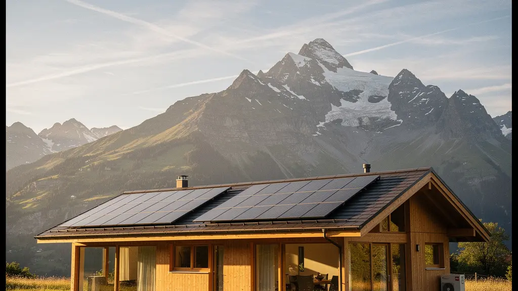 Architecture moderne d'une maison certifiée Minergie avec panneaux solaires intégrés dans le paysage alpin suisse