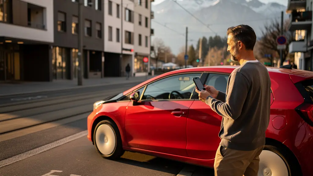 Personne détendue utilisant son smartphone devant une voiture Mobility rouge dans un paysage urbain suisse avec montagnes en arrière-plan