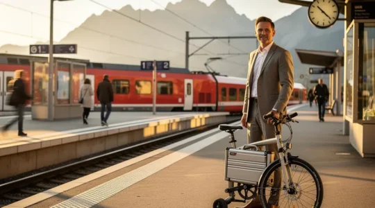 Navetteur avec vélo pliant devant une gare CFF en Suisse, illustrant l'intermodalité train et vélo
