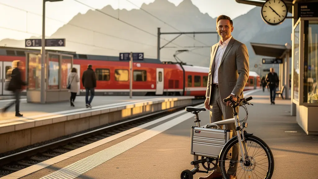 Navetteur avec vélo pliant devant une gare CFF en Suisse, illustrant l'intermodalité train et vélo