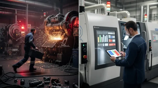 Comparaison visuelle entre une intervention d'urgence coûteuse sur une machine en panne et la surveillance prédictive sereine d'un équipement industriel