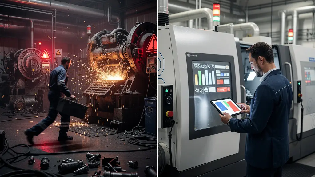 Comparaison visuelle entre une intervention d'urgence coûteuse sur une machine en panne et la surveillance prédictive sereine d'un équipement industriel