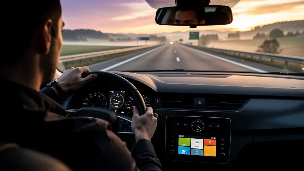 Conducteur seul sur autoroute déserte à l'aube avec ciel rose-orangé