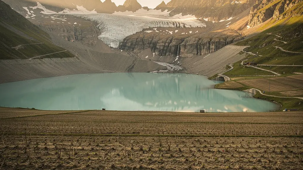 Vue panoramique des Alpes suisses avec glaciers et lacs montrant le paradoxe entre abondance apparente et risques de pénurie