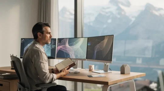 Un philosophe examine des données complexes sur plusieurs écrans dans un bureau moderne suisse, symbolisant l'audit éthique de l'intelligence artificielle