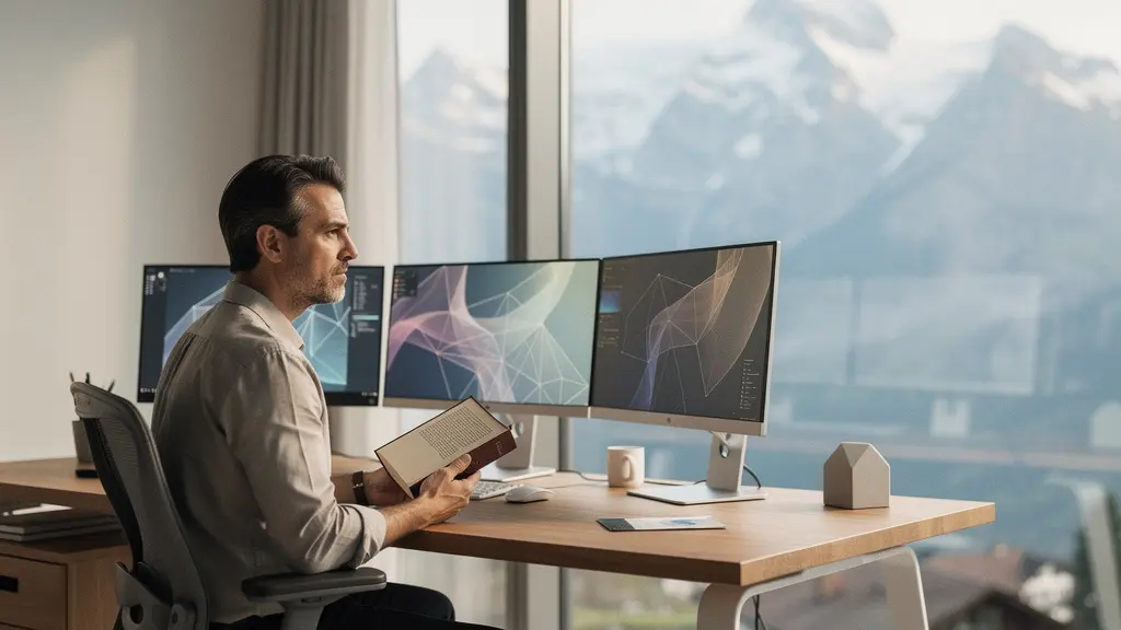 Un philosophe examine des données complexes sur plusieurs écrans dans un bureau moderne suisse, symbolisant l'audit éthique de l'intelligence artificielle