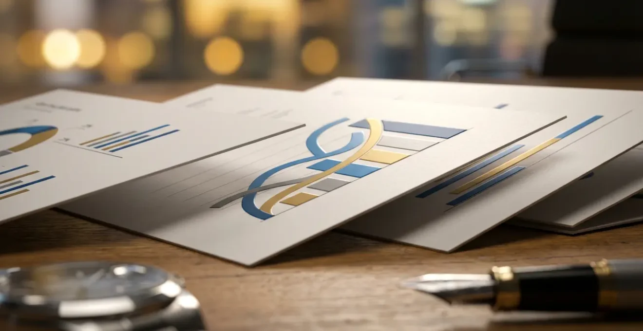 Vue macro d'un pitch deck professionnel avec graphiques de croissance sur bureau en bois