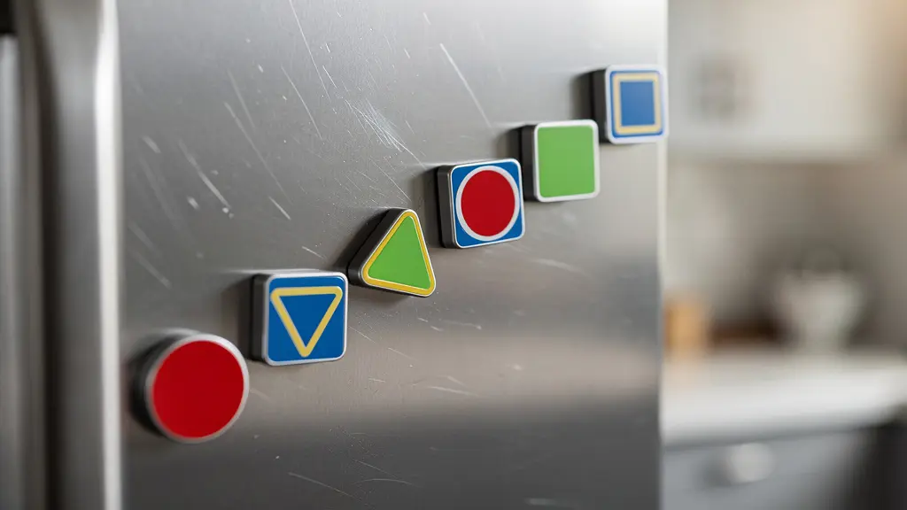 Vue macro d'un planning de cuisine coloré avec des aimants sur un frigo