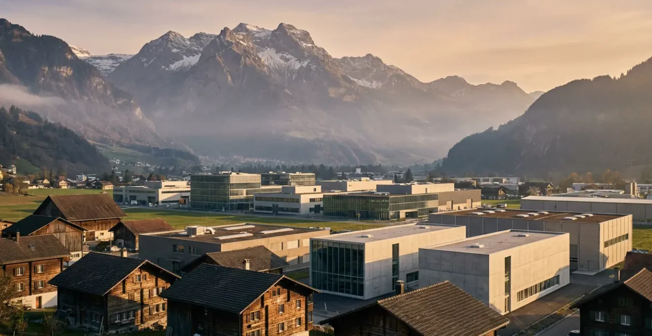 Vue aérienne d'une zone industrielle suisse avec des bâtiments modernes entourés de montagnes alpines, symbolisant l'équilibre entre tradition et innovation