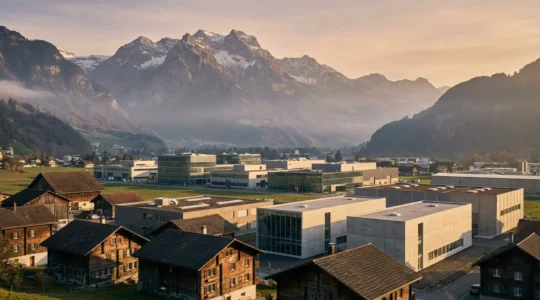 Vue aérienne d'une zone industrielle suisse avec des bâtiments modernes entourés de montagnes alpines, symbolisant l'équilibre entre tradition et innovation