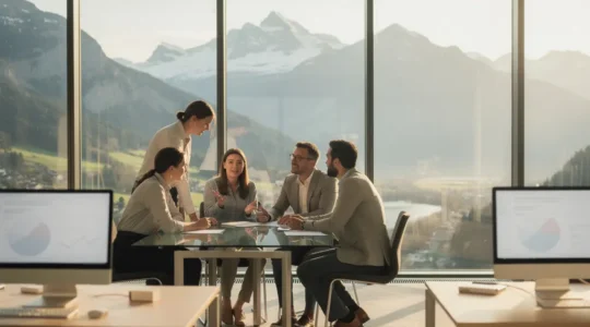 Bureau moderne d'une PME suisse avec vue sur les Alpes, montrant la transition numérique