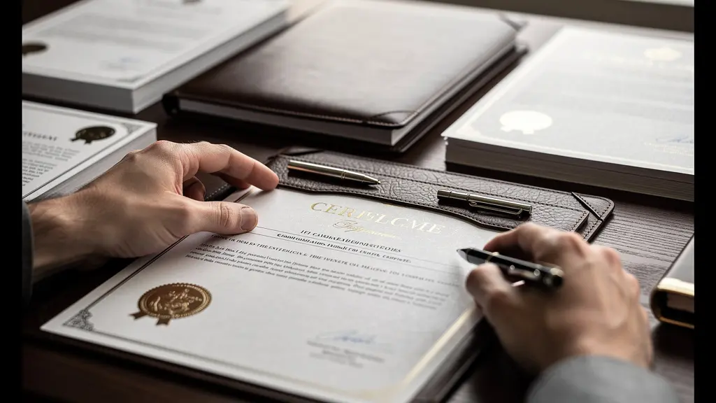 Main organisant des documents professionnels sur une table en bois symbolisant la constitution d'un dossier VAE.