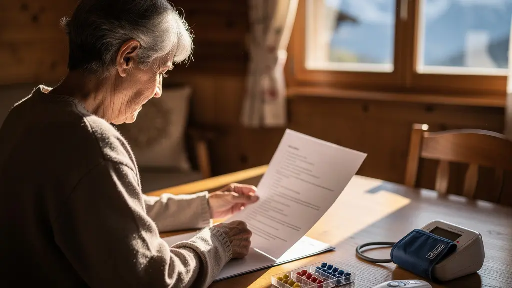 Espace de téléconsultation préparé dans un intérieur suisse avec vue sur les montagnes