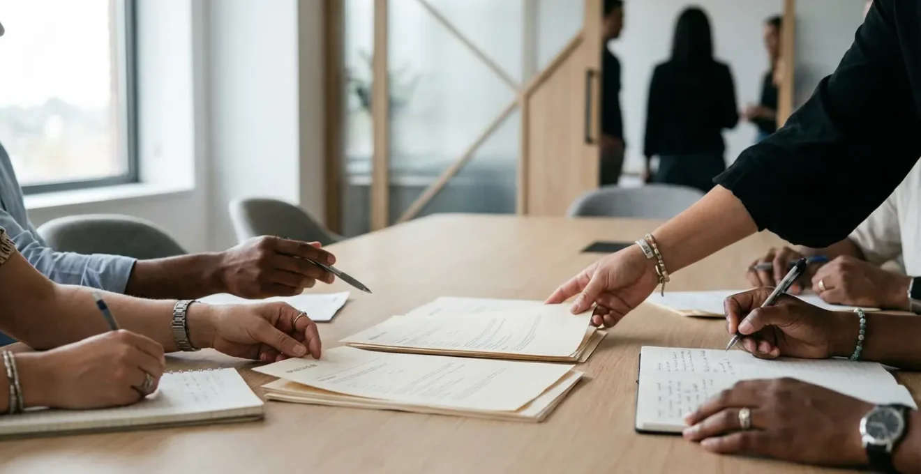 Gros plan sur des mains travaillant sur des documents de candidature avec ordinateur portable flou en arrière-plan