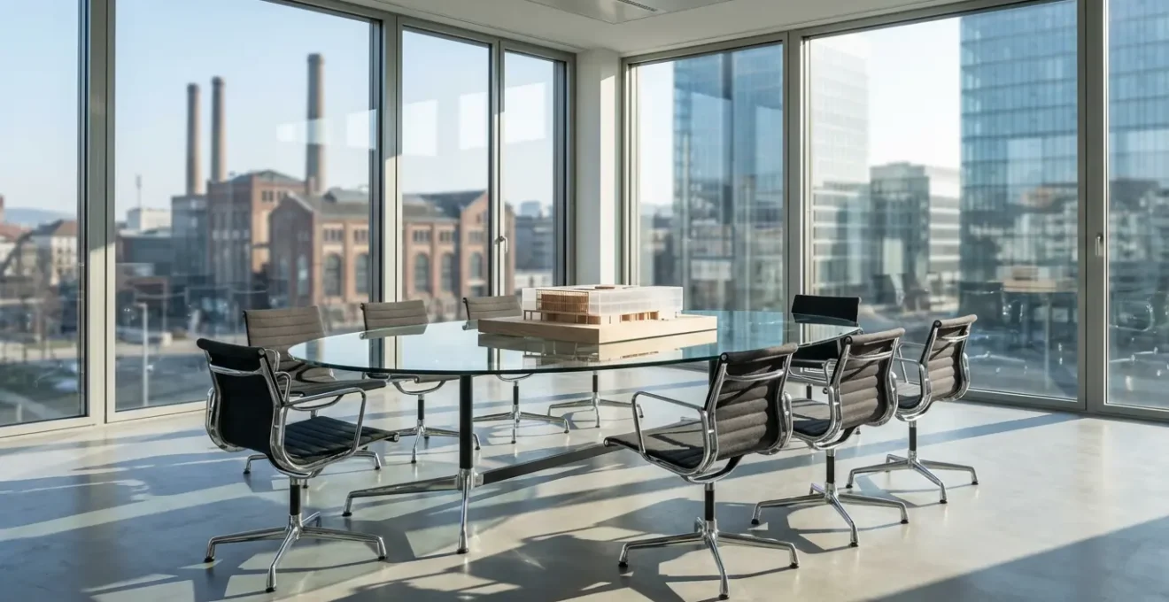 Salle de conseil moderne avec vue sur paysage économique suisse