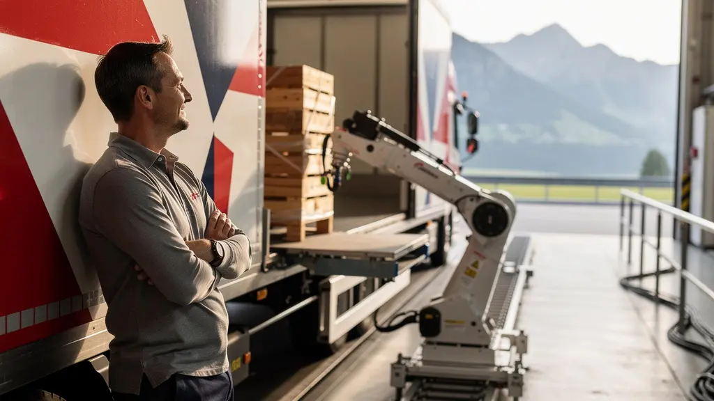 Système de chargement automatique connecté à un camion sur un quai logistique suisse
