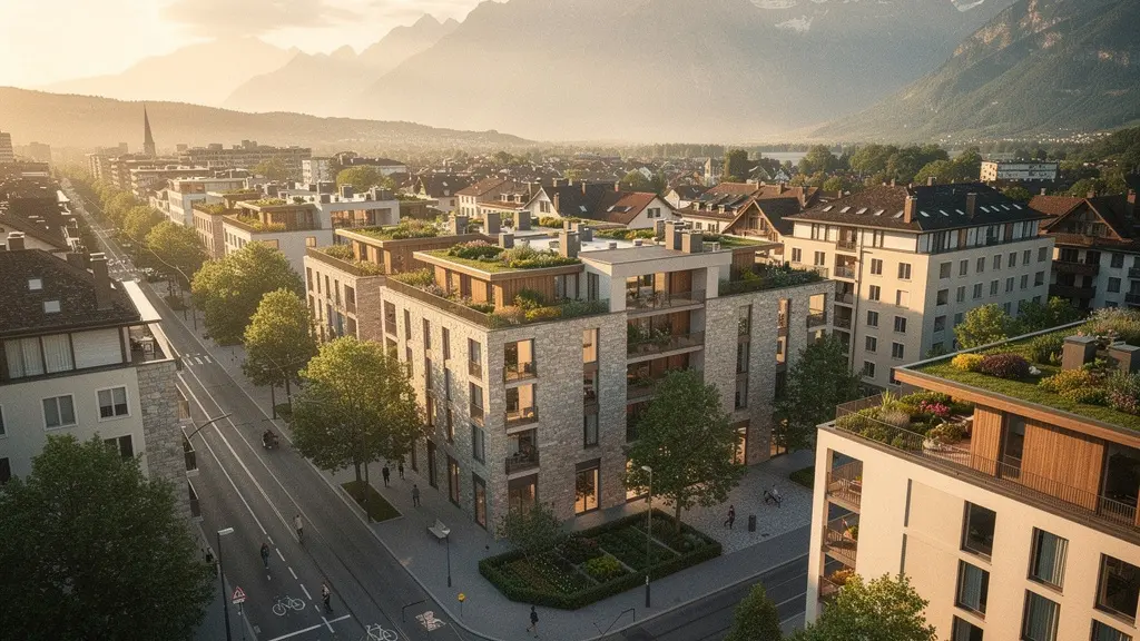 Vue aérienne d'un centre-ville suisse densifié avec espaces verts intégrés et architecture moderne