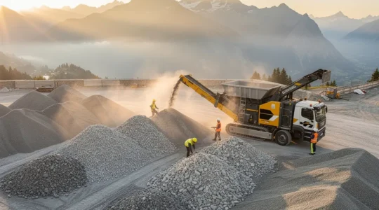 Vue aérienne d'un chantier de construction moderne en Suisse montrant le processus de recyclage du béton avec un concasseur mobile et des tas de granulats triés