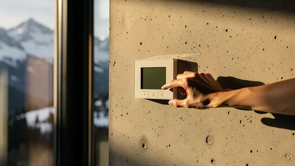 Intérieur moderne d'un logement suisse avec système de régulation thermique intelligent visible