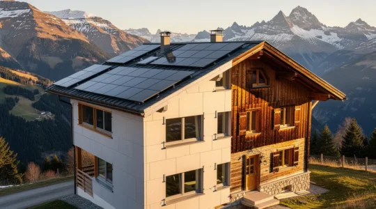 Vue aérienne d'une maison suisse en rénovation énergétique avec panneaux solaires et isolation moderne