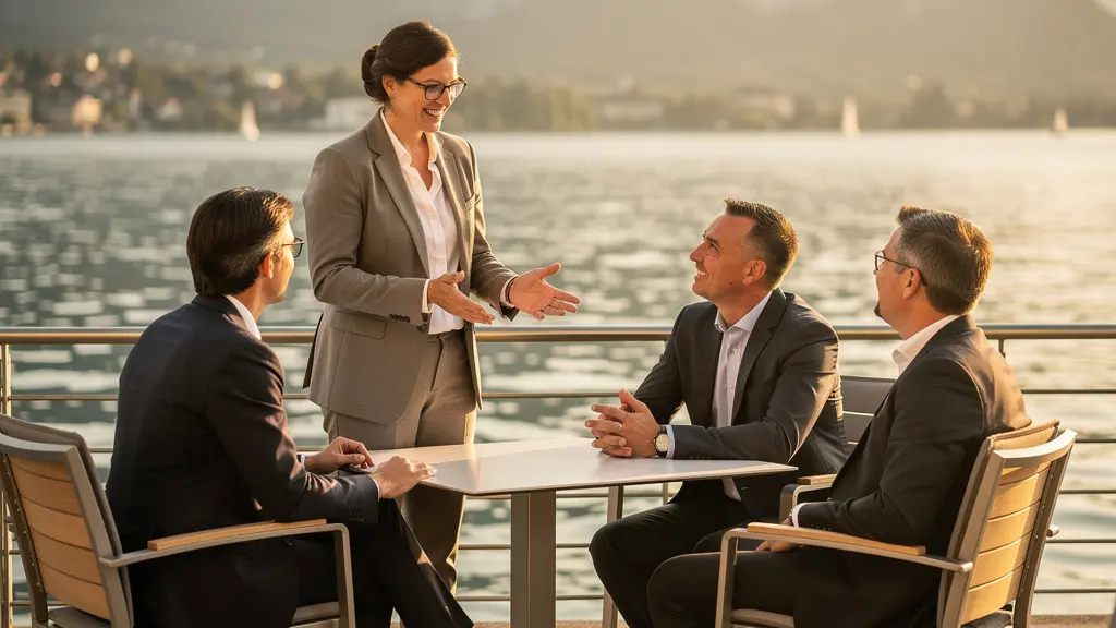 Professionnels échangeant lors d'un événement networking au bord du lac Léman