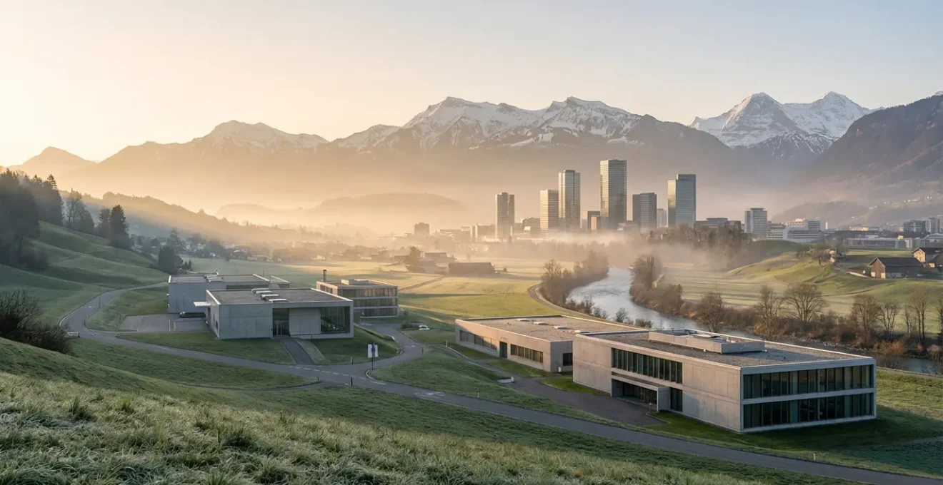 Vue panoramique illustrant la diversité économique suisse avec montagnes, industries et centres financiers