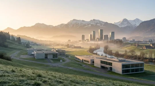 Vue panoramique illustrant la diversité économique suisse avec montagnes, industries et centres financiers