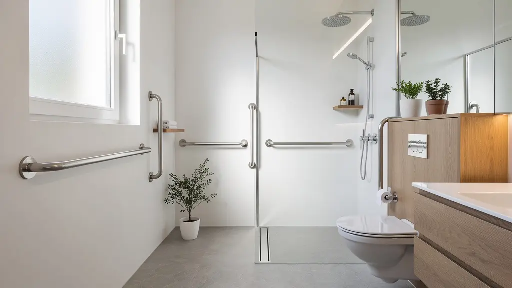 Salle de bain moderne avec barres d'appui élégantes intégrées au design