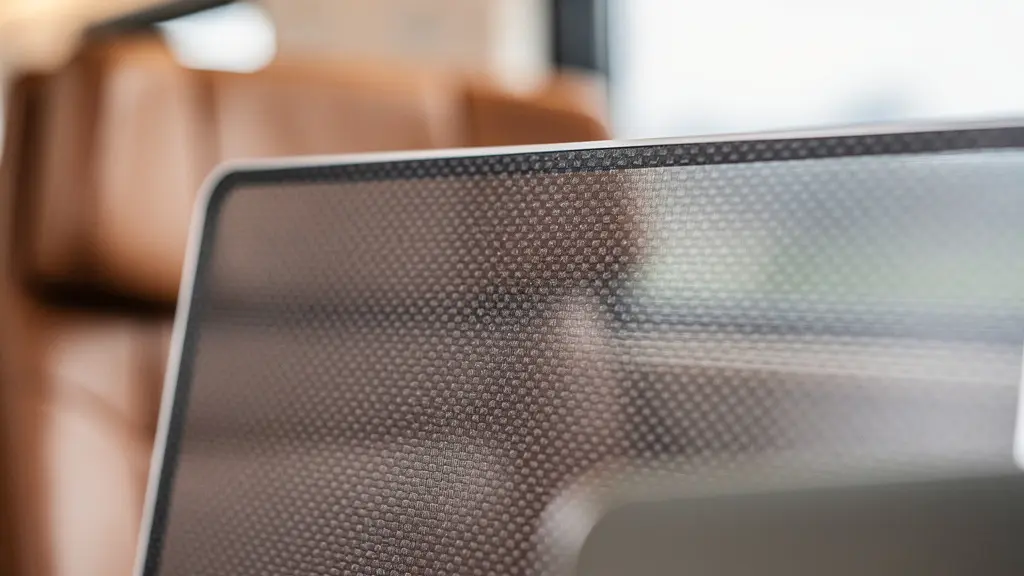 Gros plan sur un filtre de confidentialité pour écran d'ordinateur portable dans un wagon de première classe