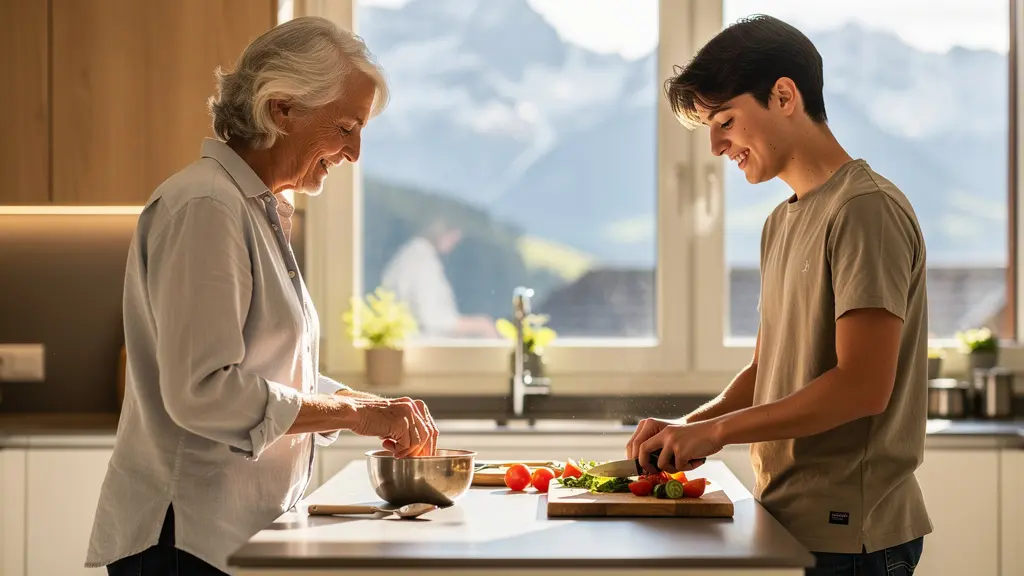 Une personne âgée et un jeune étudiant préparant ensemble un repas dans une cuisine moderne et lumineuse