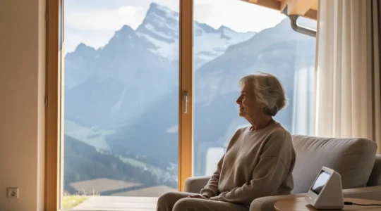 Une personne âgée sereine dans un environnement alpin suisse avec un dispositif de surveillance discret