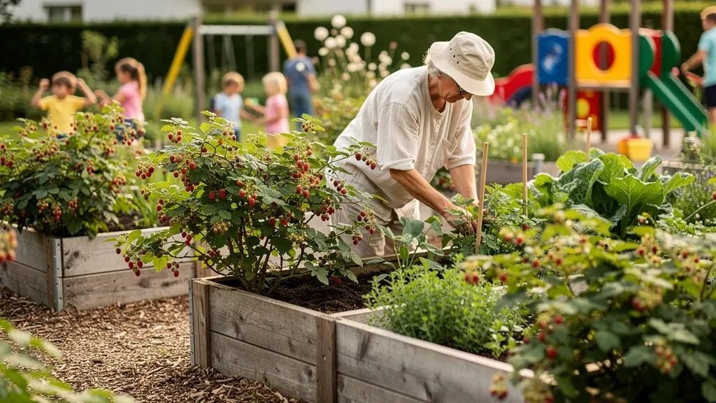 Vue latérale d'un jardin partagé montrant une séparation par haies de petits fruits entre aire de jeux et potager