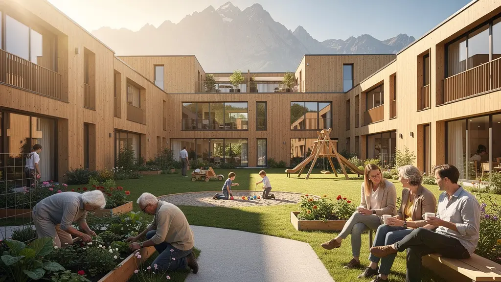 Vue d'ensemble d'un espace de vie intergénérationnel moderne avec jardin partagé en Suisse
