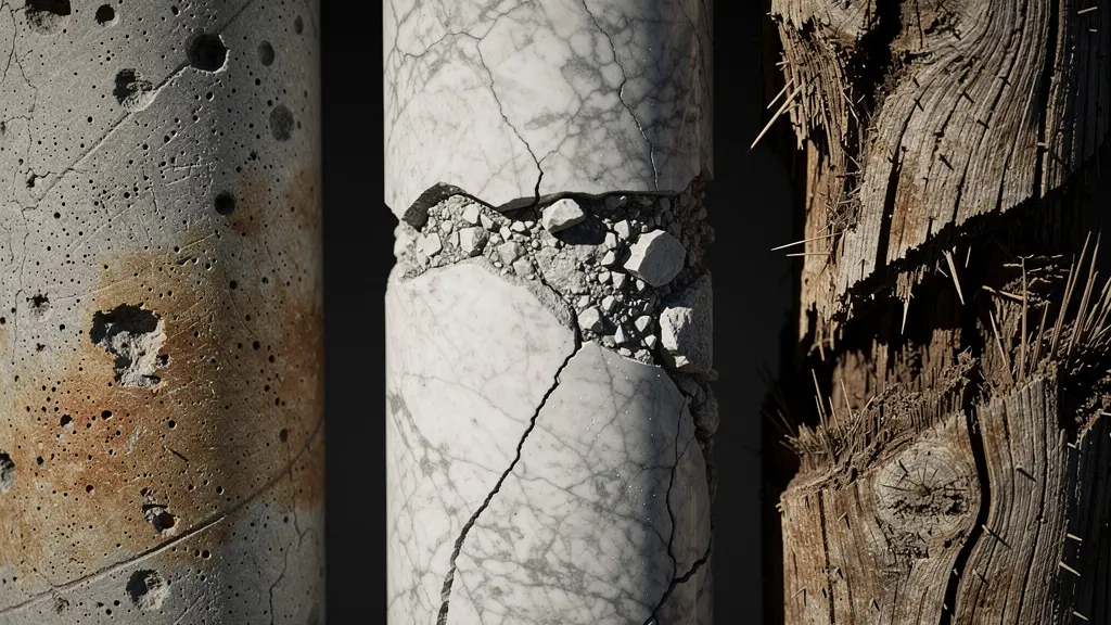 Représentation macro des trois piliers de la prévoyance suisse avec détails de texture et fissures symboliques