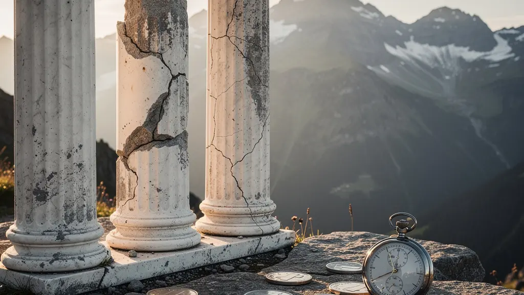 Vue symbolique du système de retraite suisse représenté par trois colonnes fragilisées