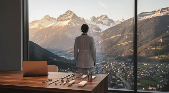 Un médecin en téléconsultation dans une vallée alpine suisse avec montagnes en arrière-plan