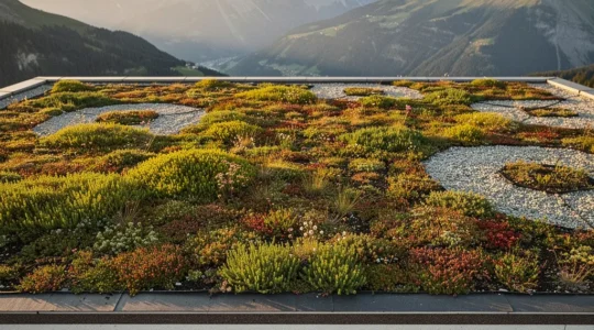 Vue aérienne d'une toiture végétalisée en Suisse montrant les couches de protection et la végétation de sedum colorée