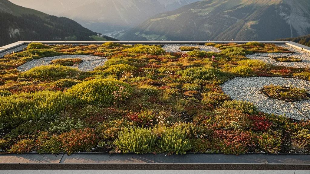 Vue aérienne d'une toiture végétalisée en Suisse montrant les couches de protection et la végétation de sedum colorée