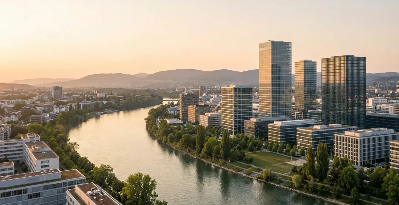 Vue aérienne de Bâle montrant les tours de Roche et les campus pharmaceutiques le long du Rhin