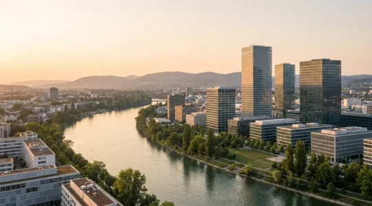 Vue aérienne de Bâle montrant les tours de Roche et les campus pharmaceutiques le long du Rhin