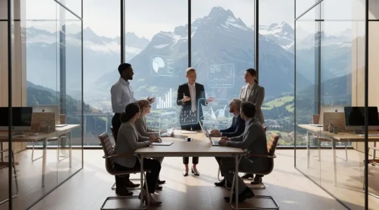 Vue d'un espace de travail moderne en Suisse avec des professionnels collaborant, assistés par des visualisations holographiques d'IA