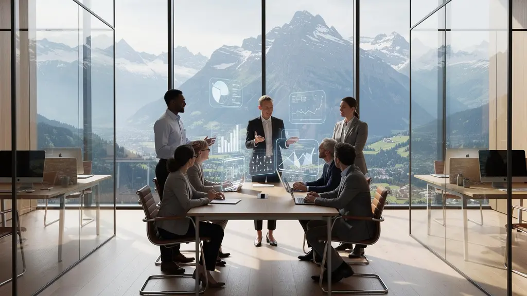 Vue d'un espace de travail moderne en Suisse avec des professionnels collaborant, assistés par des visualisations holographiques d'IA