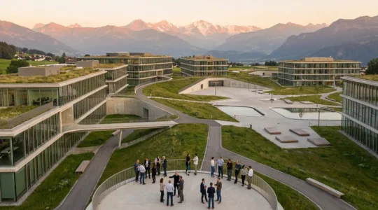 Vue aérienne moderne d'un campus technologique suisse avec architecture contemporaine et espaces verts