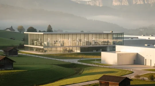 Vue aérienne d'un atelier moderne où des experts manipulent des composants de haute précision avec des montagnes jurassiennes en arrière-plan