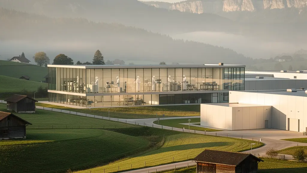 Vue aérienne d'un atelier moderne où des experts manipulent des composants de haute précision avec des montagnes jurassiennes en arrière-plan