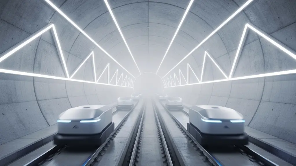 Vue intérieure futuriste d'un tunnel de transport souterrain automatisé avec des capsules de fret en mouvement, éclairage moderne et ambiance technologique
